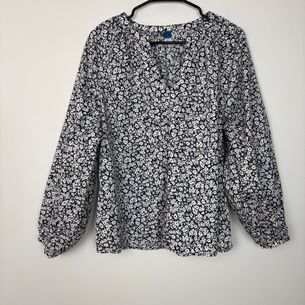 Old Navy Womens Bishop Sleeve V Neck Floral Top Size L Blue White Boho Poplin